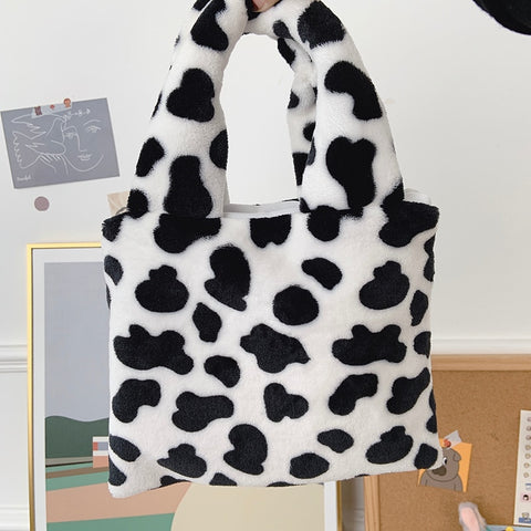plush shoulder bag cute winter cartoon handbags milk cow pattern